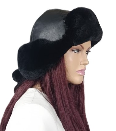 czapka pilotka skóra plus futro z królika rex czarna Parys Furs 3.jpg