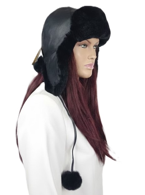 czapka pilotka skóra plus futro z królika rex czarna Parys Furs 2.jpg