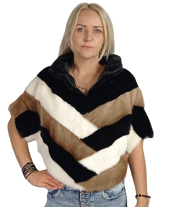 Ponczo z futra norki z frędzlami-Tricolor