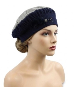 Beret z dzianiny granatowo-szary