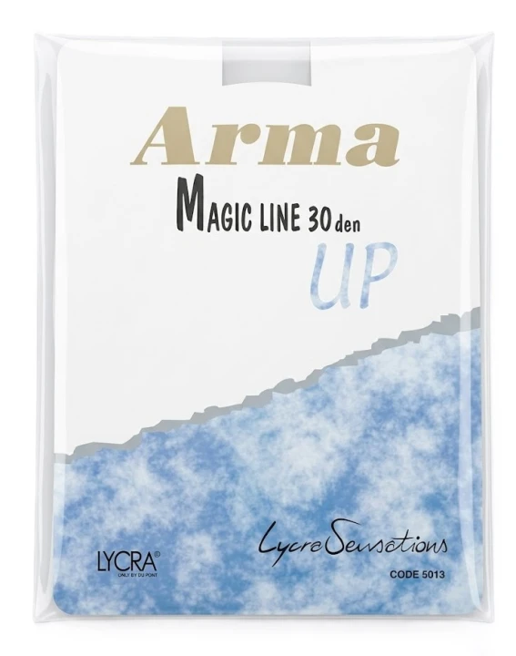 Opakowanie rajstop Arma Magic Line 30 DEN z grafiką modelującą brzuch i informacją o trójkątnym panelu kontrolnym.jpg