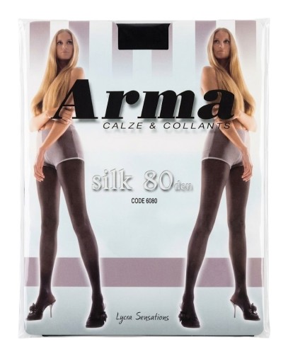 Front opakowania rajstop Arma Silk 80 DEN z grafiką przedstawiającą modelkę w ciemnych, kryjących rajstopach Parys furs.jpg