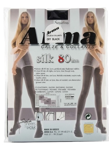 Tył opakowania rajstop Arma Silk 80 DEN z widoczną tabelą rozmiarów, składem materiałowym (75% poliamid, 21% elastan, 4% bawełna) i krajem produkcji Grecja Parys Furs.jpg