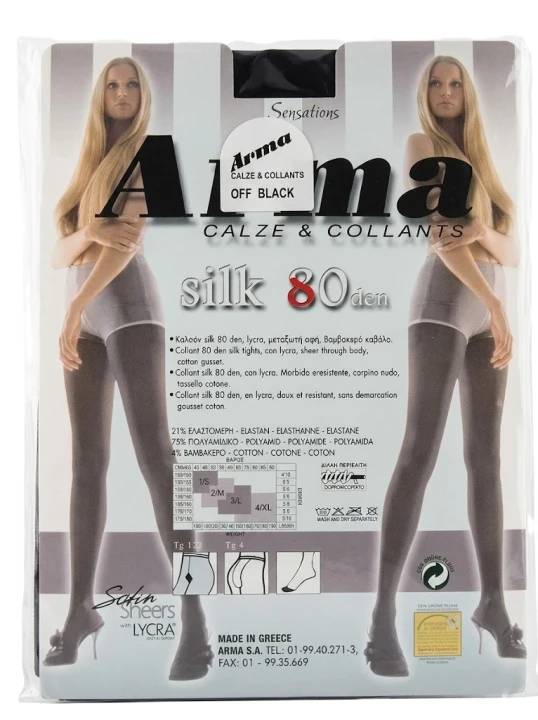 Tył opakowania rajstop Arma Silk 80 DEN z widoczną tabelą rozmiarów, składem materiałowym (75% poliamid, 21% elastan, 4% bawełna) i krajem produkcji Grecja Parys Furs.jpg