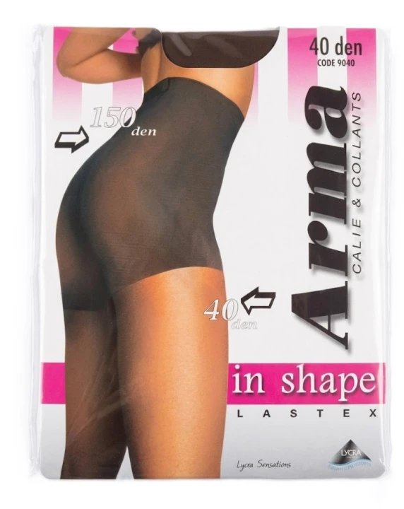 Opakowanie rajstop Arma In Shape Lastex 40 DEN z grafiką modelującą sylwetkę i oznaczeniem grubości części majteczkowej 150 DEN Parys Furs.jpg