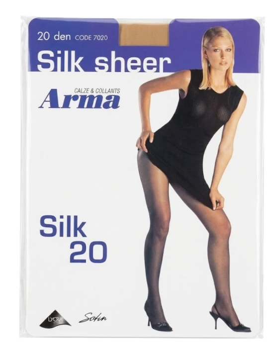 Front opakowania rajstop Arma Silk 20 DEN z modelką prezentującą jedwabisty połysk produktu Parys Furs.jpg