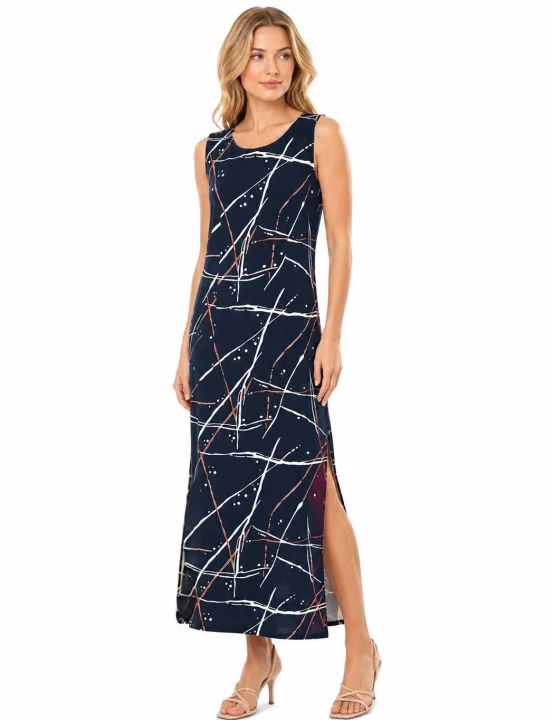 Granatowa sukienka damska maxi z rozcięciami po bokach Parys Furs na lato.jpg
