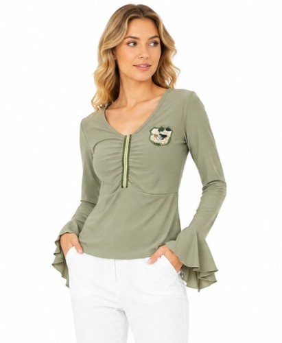Elegancka bluzka damska khaki z falbanami premium Parys Furs odzież futra kożuchy dodatki.jpg