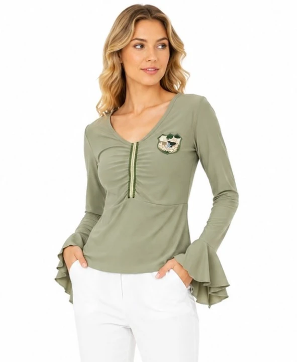Elegancka bluzka damska khaki z falbanami premium Parys Furs odzież futra kożuchy dodatki.jpg