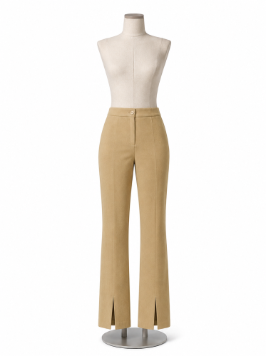Beżowe eleganckie spodnie damskie z rozcięciem z przodu 1.png