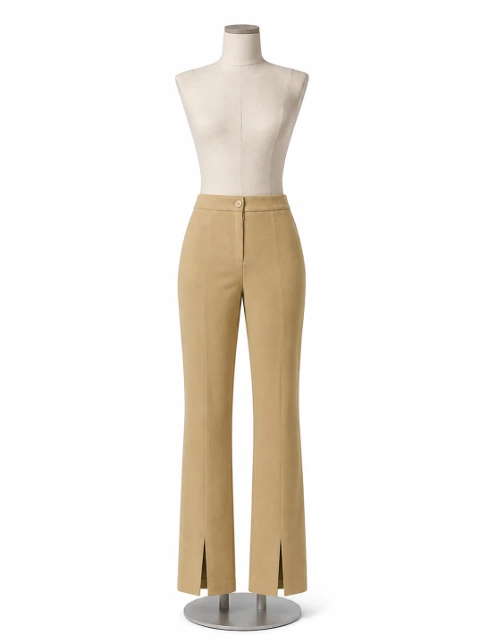 Beżowe eleganckie spodnie damskie z rozcięciem z przodu 1.png