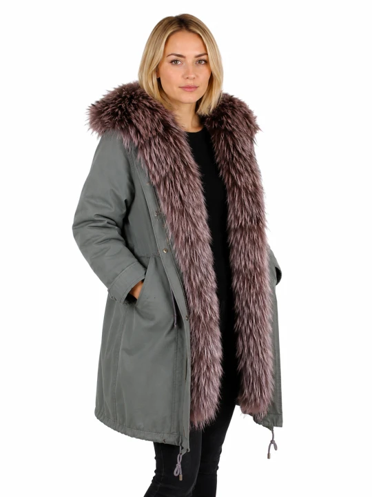 KURTKA PARKA + SILVER FOX GREY ROSE