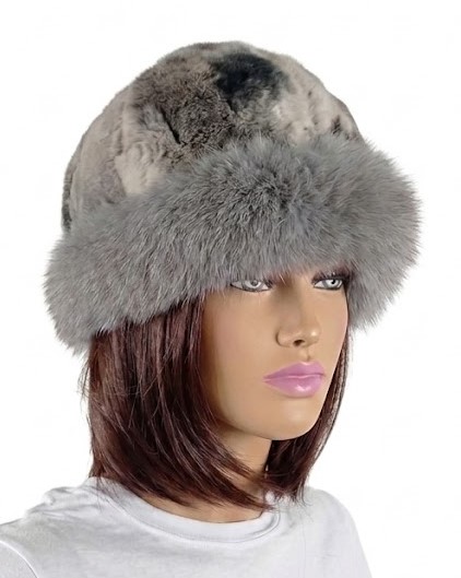 damska elegancka czapka z futra królika rex obszycie  z futra lisa szara ponadczasowa Parys Furs.jpg