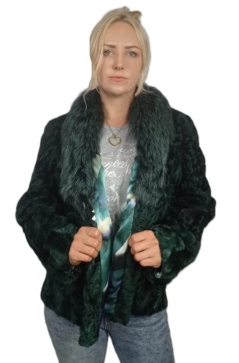 Kurtka Karakuły plus Lis butelkowa zieleń. Parys Furs1.jpg