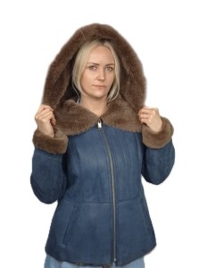 Granatowy kożuch z futerkiem królika BLUE