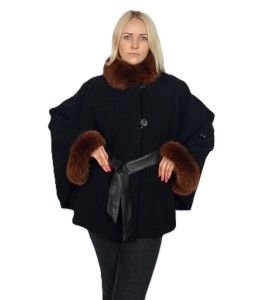 Peleryna obszyta naturalnym futrem lisa-brąz