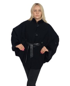 Peleryna obszyta naturalnym futrem królik Rex- głęboka czerń