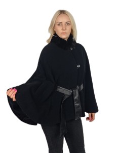 Peleryna obszyta naturalnym futrem królik Rex- czerń