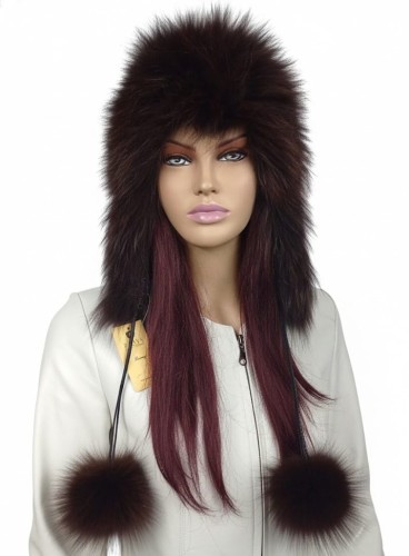 czapka brąz na dzianinie lis pompony Parys furs1.jpg